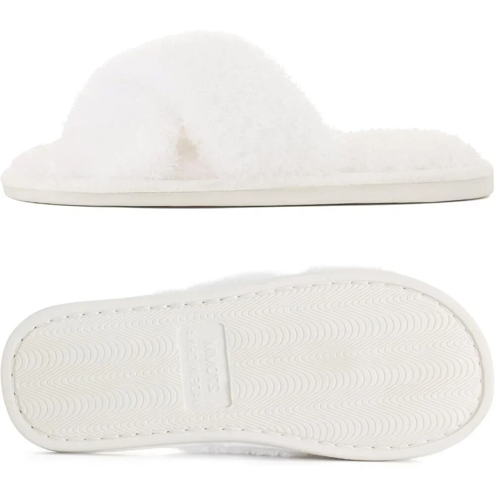 Women's White Fuzzy Cross Band Memory Foam Open-Toe House Slippers - Picture 6 of 7